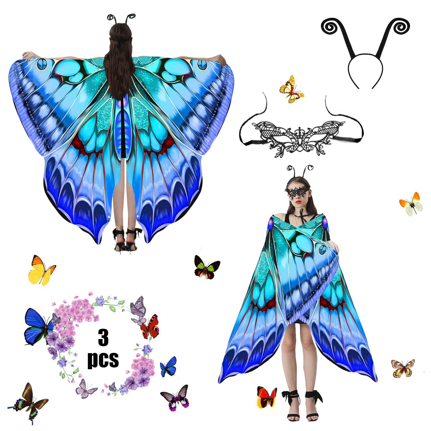 Jeackcelle Butterfly Costume Women's Halloween Costume Cape, Fairy Wings Fancy Dress Butterfly Wings Ladies Carnival Costume for Halloween Carnival Party Cosplay Dancing (SkyBlue)