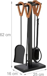 Relaxdays 5pc Fireplace Tool Set Black Metal Stand Ash Shovel Broom Tongs view 4