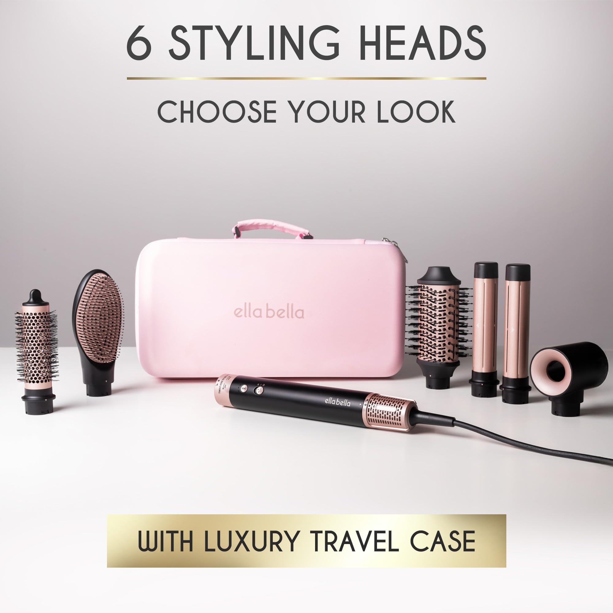 ELLA BELLA 6 in 1 Professional Hot Air Styler • Powerful Hair Dryer & Straightener Set • Styling Without Heat Damage • Fast Drying Curling Volumizing Straightening • Includes Protective Travel Case