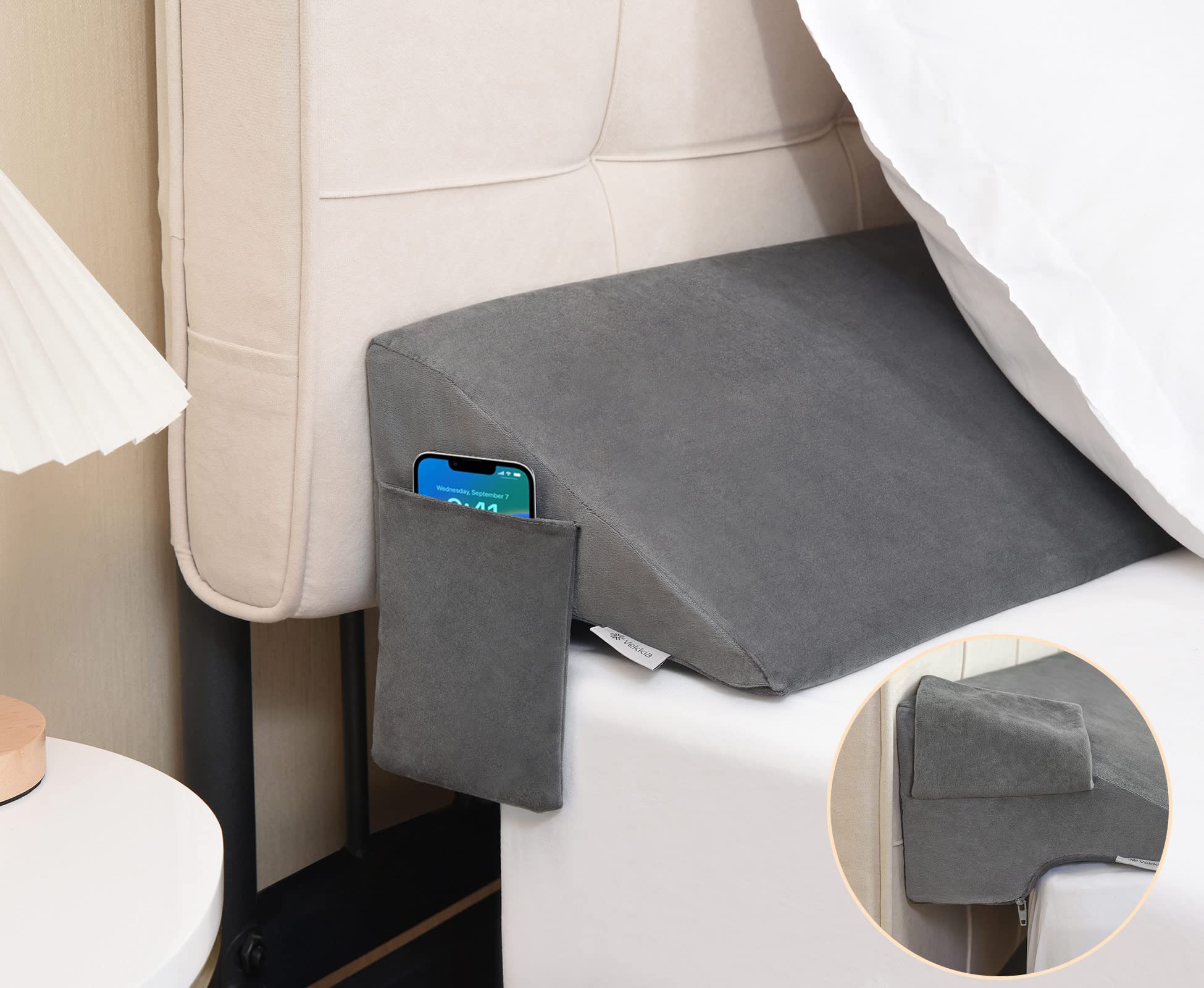 Photo 1 of Vekkia Twin Bed Wedge Pillow for Headboard Gap Filler(0-5"),High-Density Foam,Prevents Pillows & Items from Falling,Ergonomic Design,Large Storage Pockets, Removable&Washable Cover,Gray,39''x10 x6
