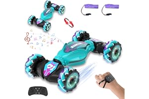 SKYNEXUS Gesture Sensing RC Stunt Car, 4WD Hand Controlled & Remote Control Twist Car with Light & Music, 360° Rotating, Road & Off-Road Modes Rc Cars Best Gifts for KIids 8+ Year Old (Lake green - 2 Battery)