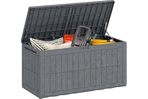 Outsunny 100 Gallon Resin Deck Box, Waterproof Lockable Outdoor Storage Box with Pneumatic Gas Rods, Side Handles, Anti-UV Pa