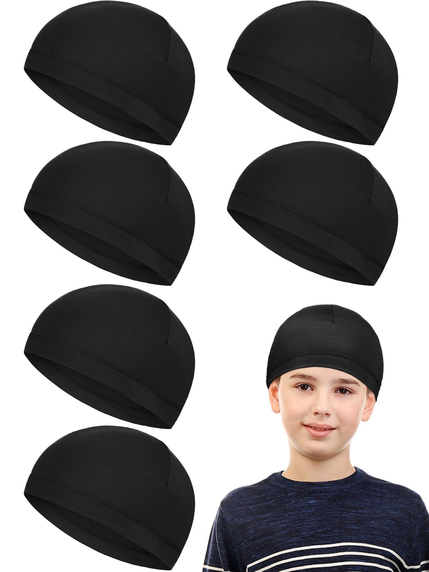 Photo 1 of Geyoga 6 Pcs Skull Cap for Kids Helmet Liner Youth Wave Cap for Sport Football Basketball Ski Cycling Outdoor Activities(Black,M (7-12 Years))