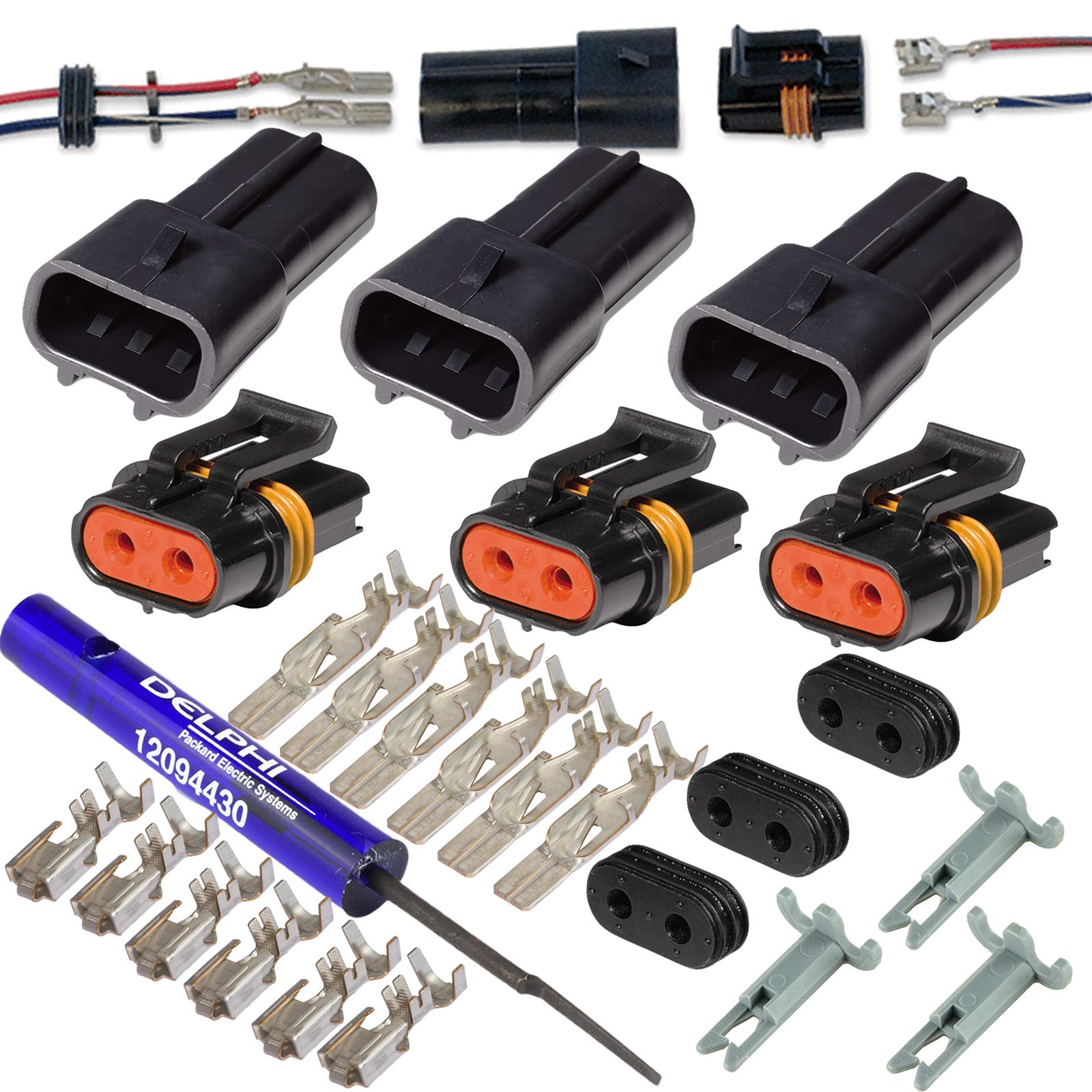 2 Pin Metri-Pack Waterproof Connector 10-12awg Terminals and Seals 46Amp (10-12 GA-3 Set w/Tool Remove)
