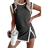 EVALESS 2 Piece Sets for Women Summer Outfits Ribbed Knit Tank Top and Split Lined Skirt Two Pieces Lounge Matching Set