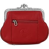 Women's Leather Metal Frame Double Clasp Zipper Coin Purse 5 1/4" x 3 1/4" (Red)