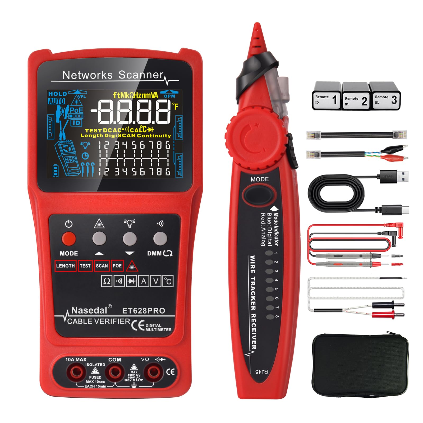 Network Cable Tester Wire Tracker Tone Generator Ethernet Tester Multimeter VFL 3-in-1 RJ45 CAT5 CAT6 CAT7 CAT8 RJ11 Tone Cable Length Cable Mapping Test (ET628 PRO)