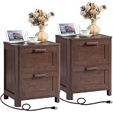 Joaxswe Farmhouse Nightstand Set of 2 with Charging Station, Walnut | Vintage Bedside Table with 2 Large Drawers, Rustic Bedroom End Table with Rounded Corners and 4 Noise-Reducing Feet