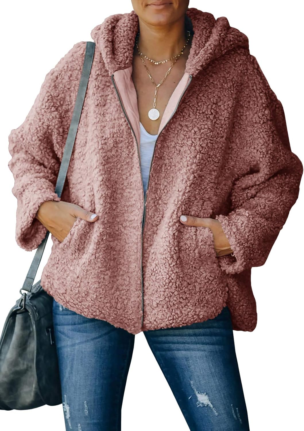 Coutgo Womens Sherpa Hoodies Fuzzy Fleece Coat Zip Up Sweatshirt Oversized Outwear Jackets with 