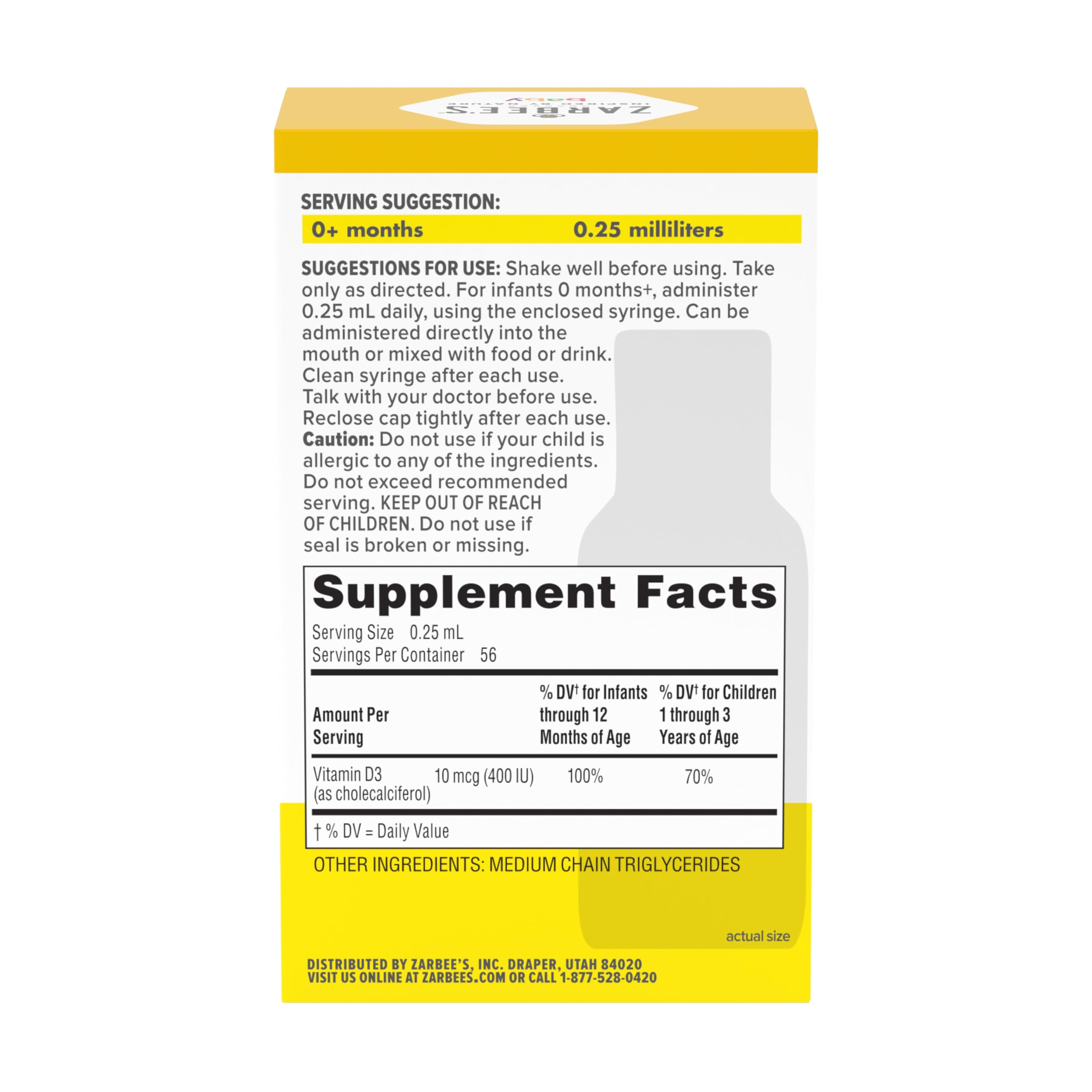 Zarbee's Vitamin D Drops for Infants, 400IU (10mcg) Baby & Toddler Liquid Supplement, Newborn & Up, Dropper Syringe Included, 0.47 Fl Oz