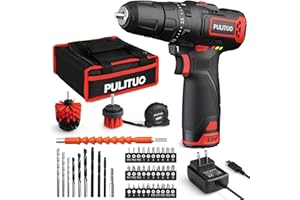 PULITUO Cordless Drill Driver Set, 12V Electric Power Hand Drill Torque 310In.lbs with 21+1& Impact Level Setting, 3/8” Keyless Chuck, 2 Variable Speed Setting, 46 PCS Drill Bits Kit, Storage Bag