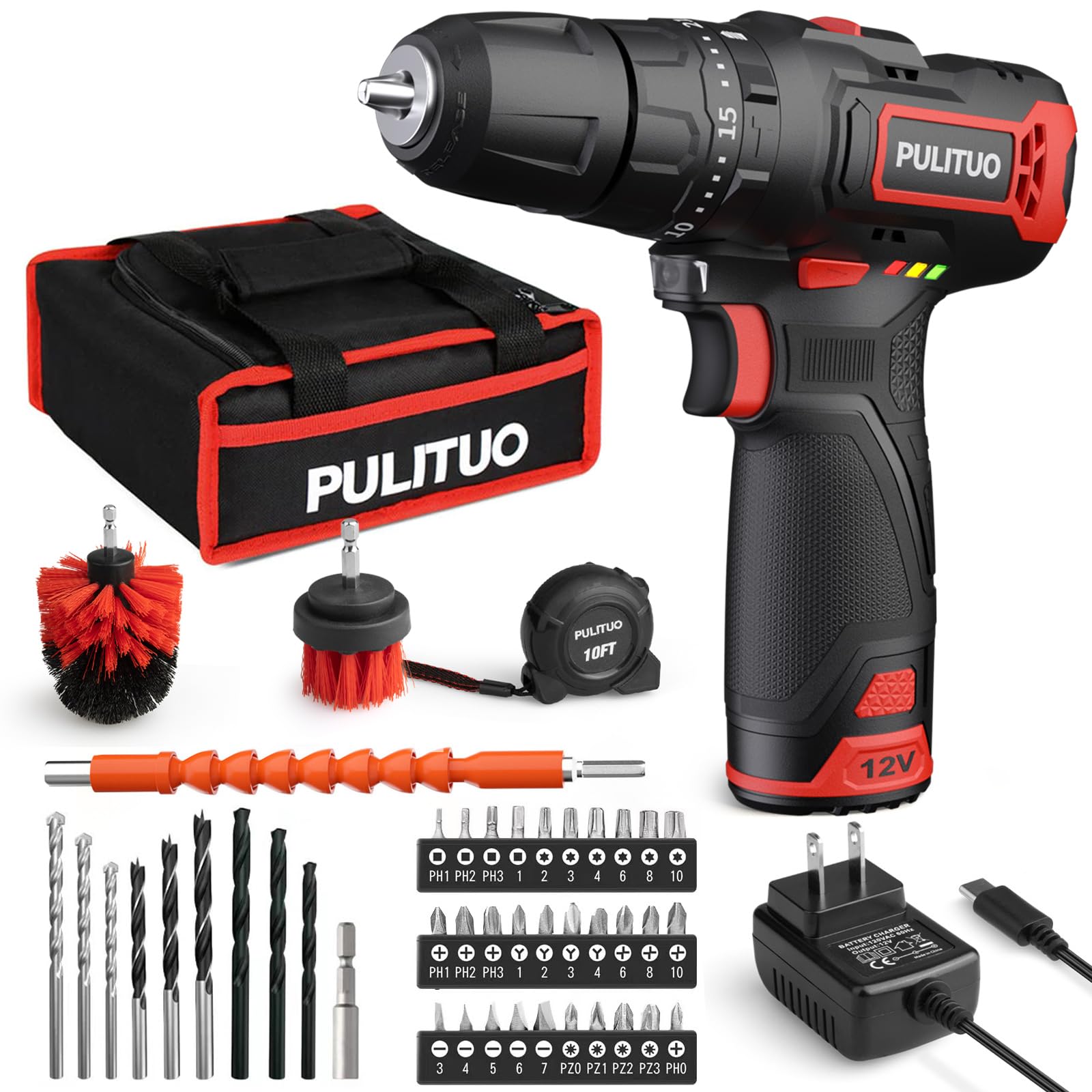 Photo 1 of PULITUO Cordless Drill Driver Set, 12V Electric Power Hand Drill Torque 310In.lbs with 21+1& Impact Level Setting, 3/8” Keyless Chuck, 2 Variable Speed Setting, 46 PCS Drill Bits Kit, Storage Bag