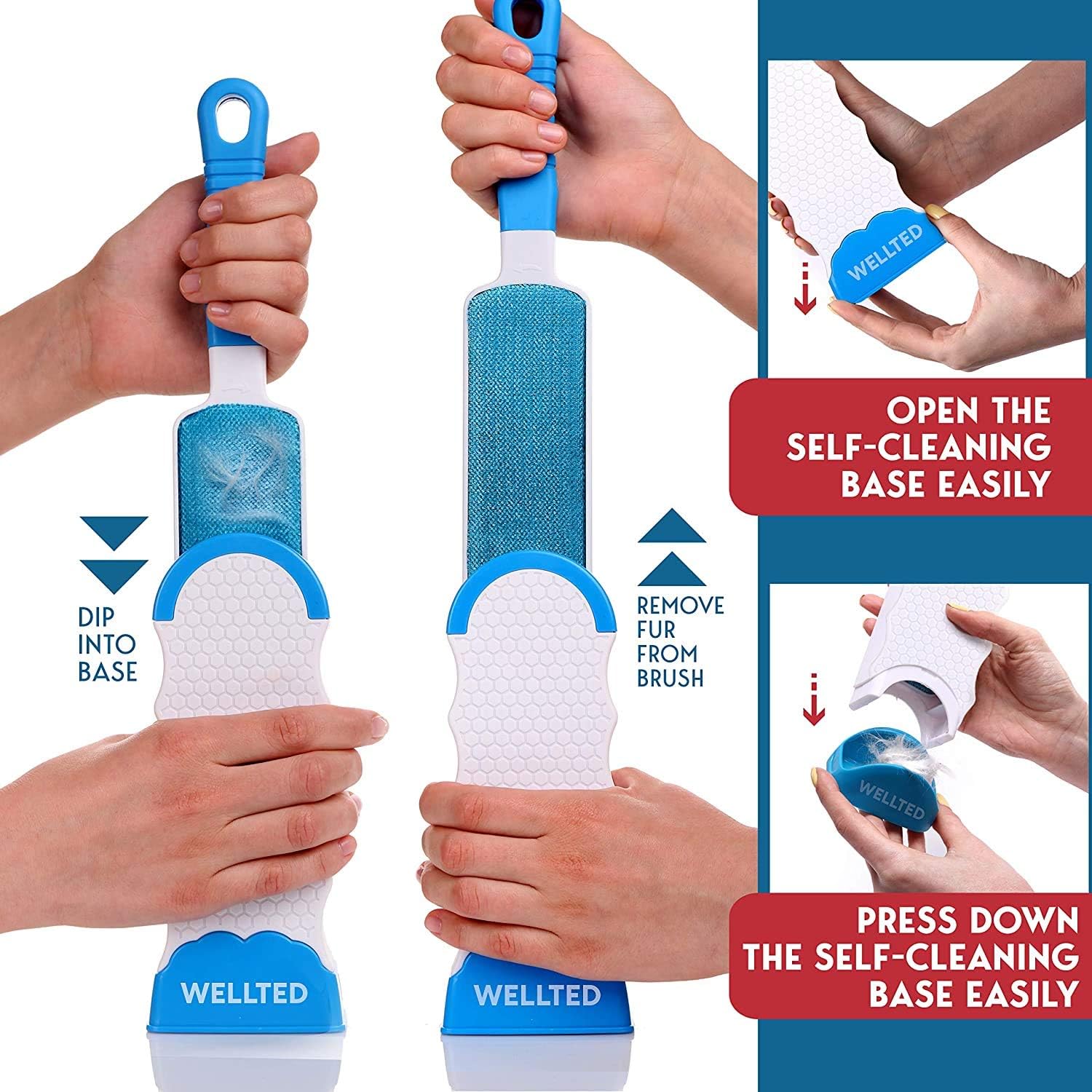 WELLTED 2020 Updated Pet Hair Remover Brush - Lint Brush - Fur Remover - Fur & Lint Removal - Dog & Cat Hair Remover - Double-Sided Brush with Self-Cleaning Base - for Furniture Clothing Car Seat: Pet Supplies