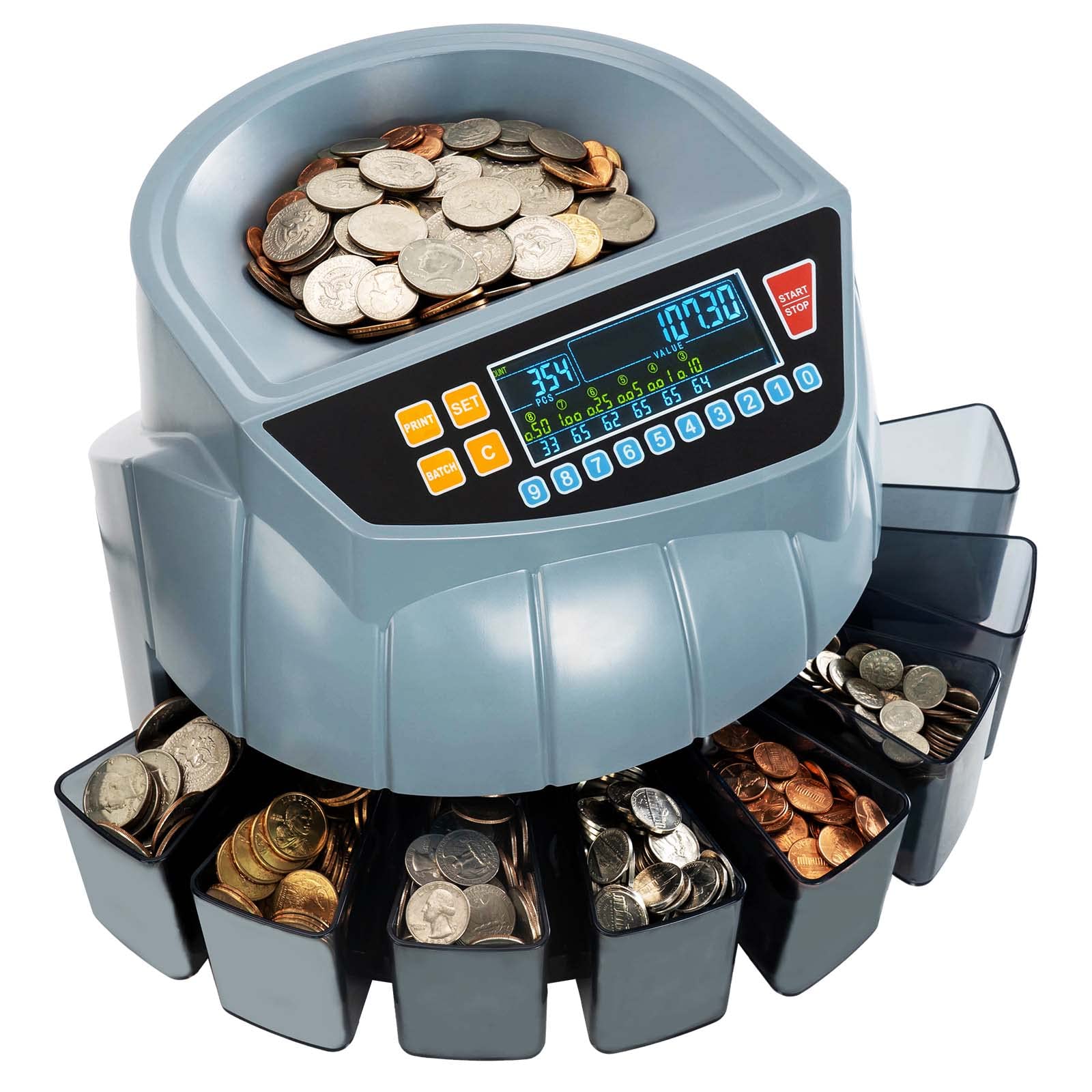 Photo 1 of MUNBYN Coin Counter Machine, Coin Sorter Machine, 1¢, 5¢, 10¢, 25¢, 50¢ and Dollar, 250 Coins/min, Compatible with Printer, Batch Mode Change Counter Machine, 6 Bins and Tubes Roller