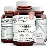 Natural Nutra Soy Lecithin 1200 mg Dietary Supplement - Brain Function, Liver Health, Improve Procreant Health, Boosting Supplement - Gluten-Free, BPA-Free, 200 Softgels in Recyclable Glass Bottles