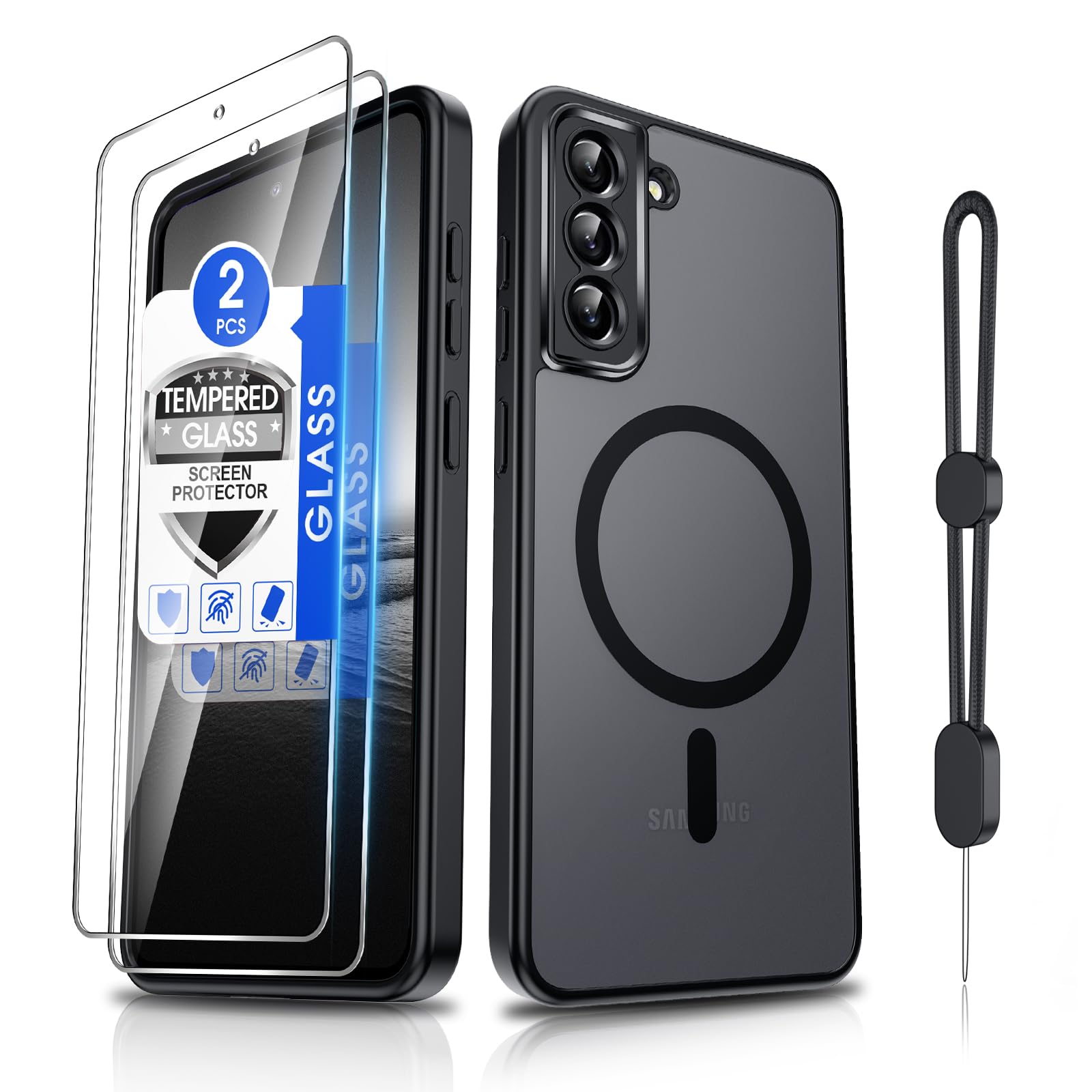 Dizn for Samsung Galaxy S21 FE Case with Tempered Glass Screen Protector,Compatible with MagSafe, with Strap,Matte Translucent & Military Grade Shockproof Protection, S21FE Magnetic Phone Funda,Black
