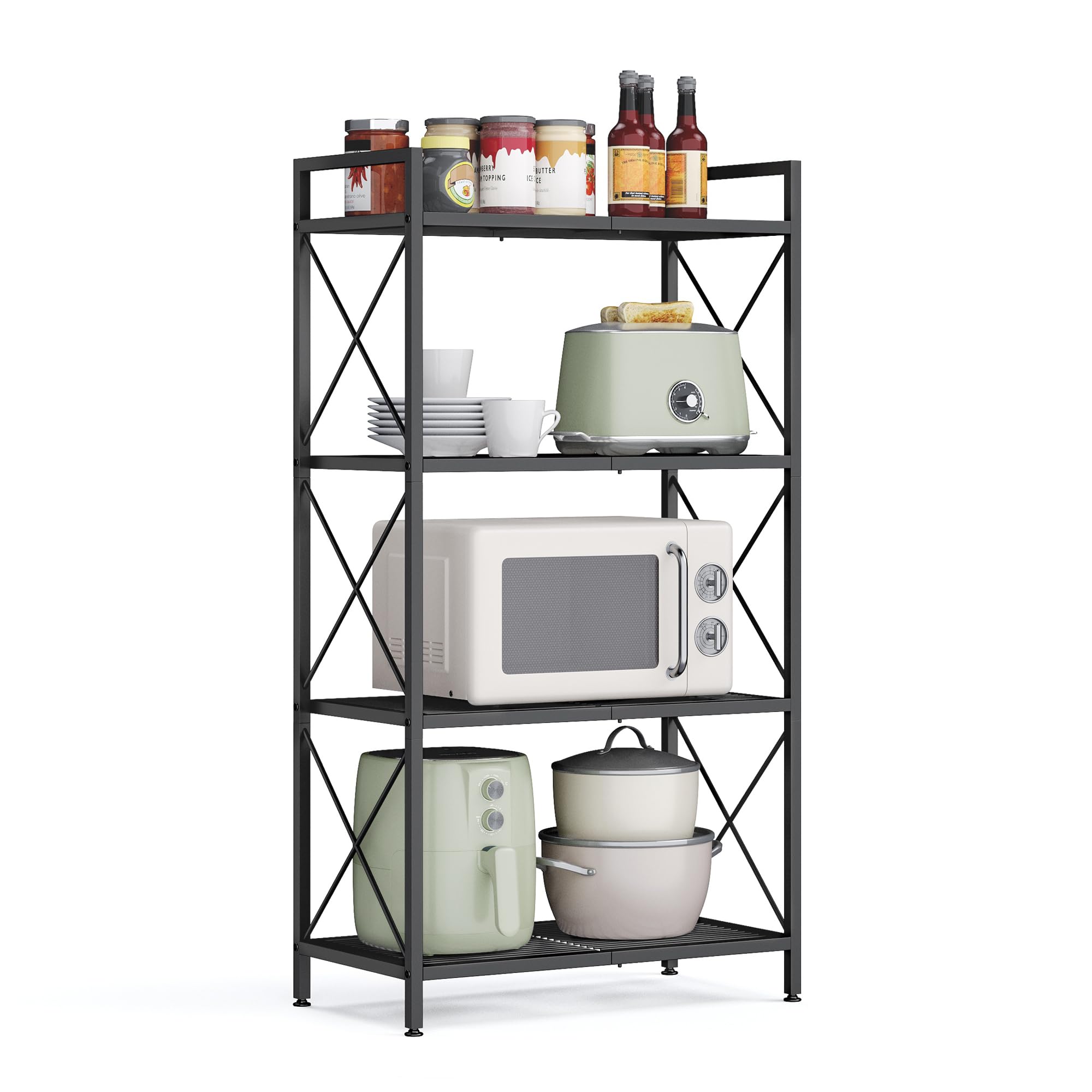 SONGMICS 4-Tier Metal Storage Rack, Shelving Unit with X Side Frames, Dense Mesh, 12.6 x 23.6 x 44.3 Inches, for Entryway, Kitchen, Living Room, Bathroom, Industrial Style, Ink Black UBSC164B01 Image