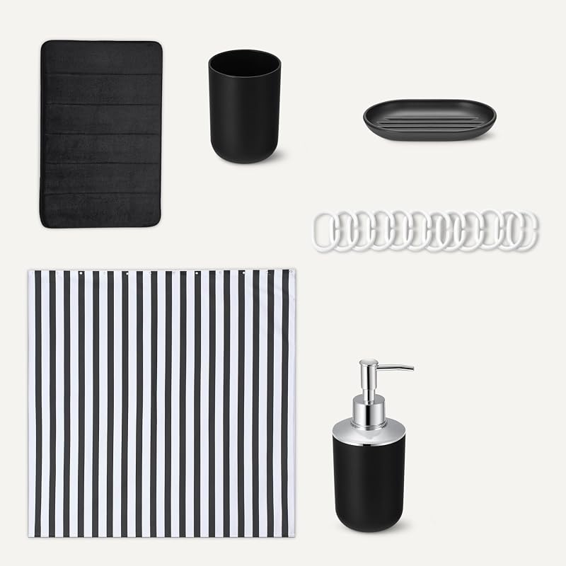 Badezimmer-Zubehör-Set: Duschvorhang mit Haken, Memory Foam Badteppich, Seifenspender, Seifenschale, Zahnbürstenhalter & Becher, Schwarz