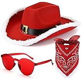Breathffy 3 Pcs Christmas Cowgirl Hat Set with Santa Claus Hat Glasses Bandana for Christmas Western Costume Party