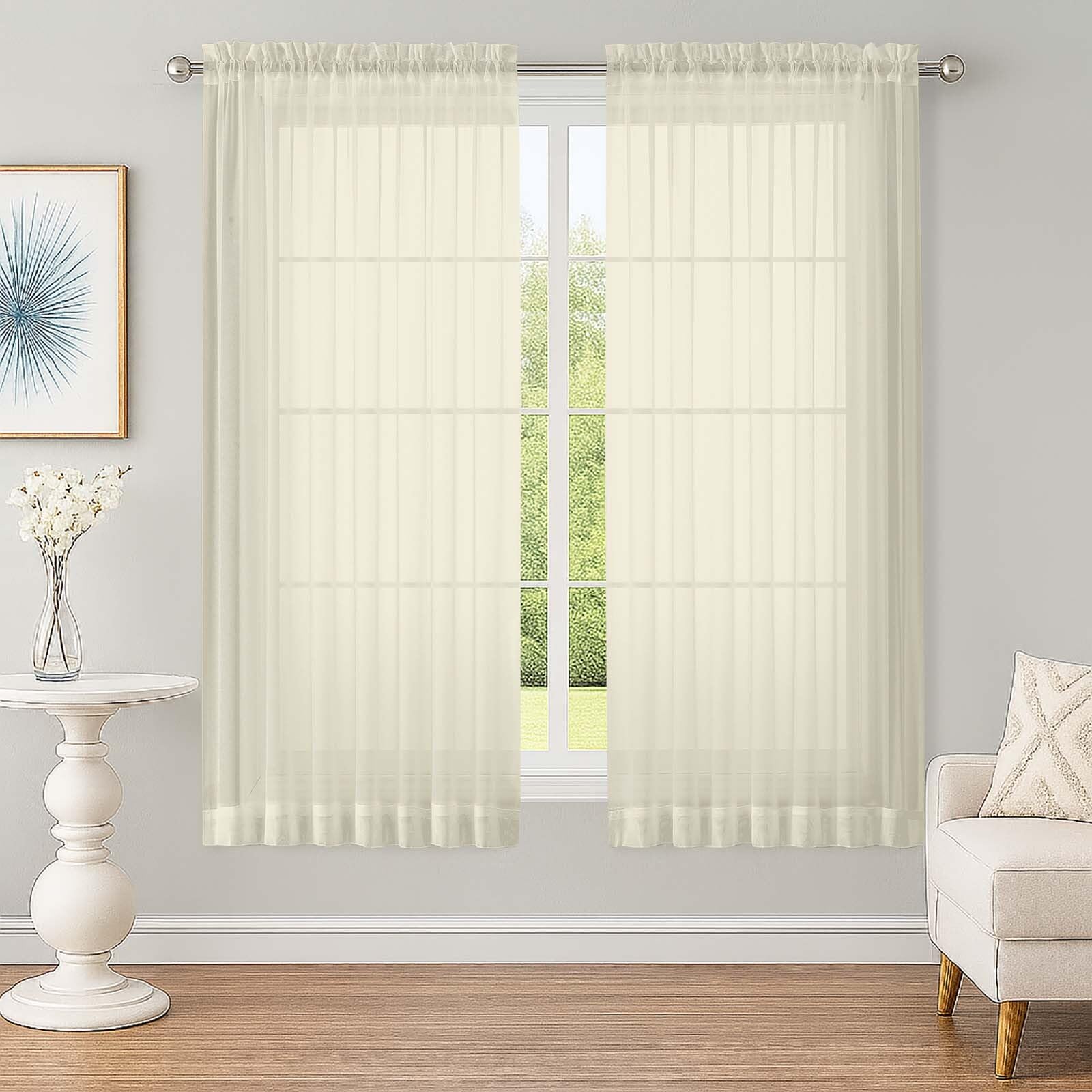 Photo 1 of OWENIE Sheer Cream Curtains, Sheer Curtains 63 inch Length 2 Panels Set, Rod Pocket Voile Fimly Sheer Drapes for Living Room Bedroom, 2pcs, Cream, Each 59" W x 63" L