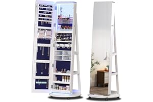 TAGELIER Full Length Mirror with Storage, Standing Mirror Jewelry Cabinet with 3 Color LED Lights, 360° Swivel Jewelry Armoire with Mirror & Storage Shelves, White