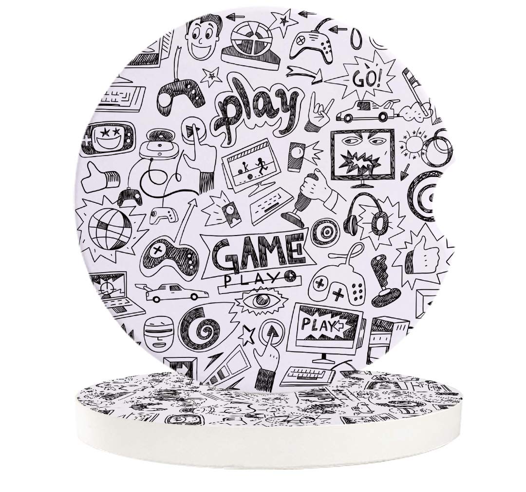 Car Drinks Coasters for Cup Holders Set of 2 Pack Video Games Sketch Gaming Racing Monitor Device Gadget Teen 90's Absorbent Ceramic Stone for Auto Coasters,Car Accessories Easy Removal Auto Cupholder