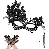 SAFERIN Halloween Lace Masquerade Mask & Gloves Set for Women Venetian Butterfly Eyemask with Rhinestones