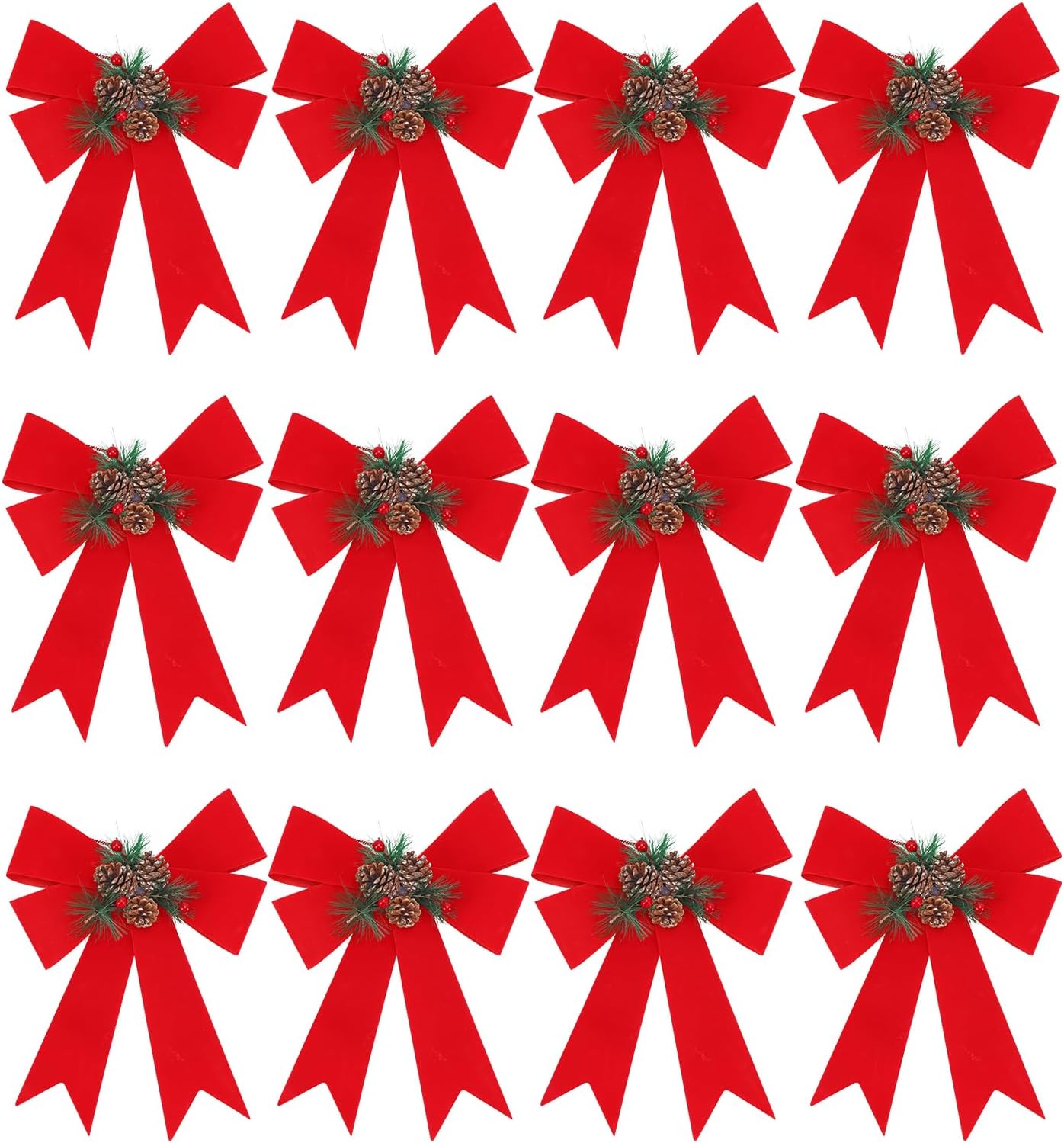 Bows & Ribbons - Funarty Red Velvet Christmas Bows 12 Pack Large Waterproof Premade Holiday Decorative Bows with Pinecone 9 x 12 Inches for Wreath Garland Christmas Tree Topper Outdoor Outside Decorations