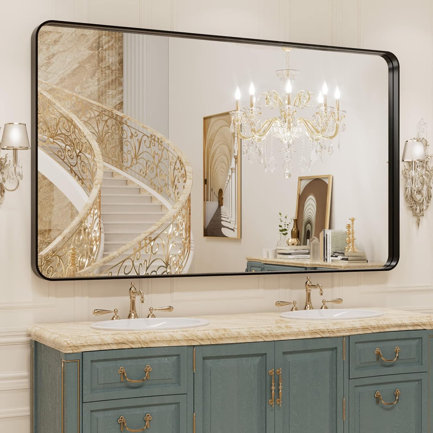 Mirrors - WEER 50X30 Inch Black Metal Framed Bathroom Mirror, Black Bathroom Vanity Mirror Farmhouse, Rounded Rectangular Matte Black Wall Mirrors, Tempered Glass, Anti-Rust (Horizontal/Vertical)