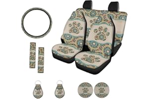 Suobstales Boho Mandala Print Car Accessories for Women Men Dog Paw Seat Covers for Car, Trucks, SUV Full Set Interior Cover Seat Protectors with Steering Wheel Cover,Seat Belt Pads,Coaster,Keychains