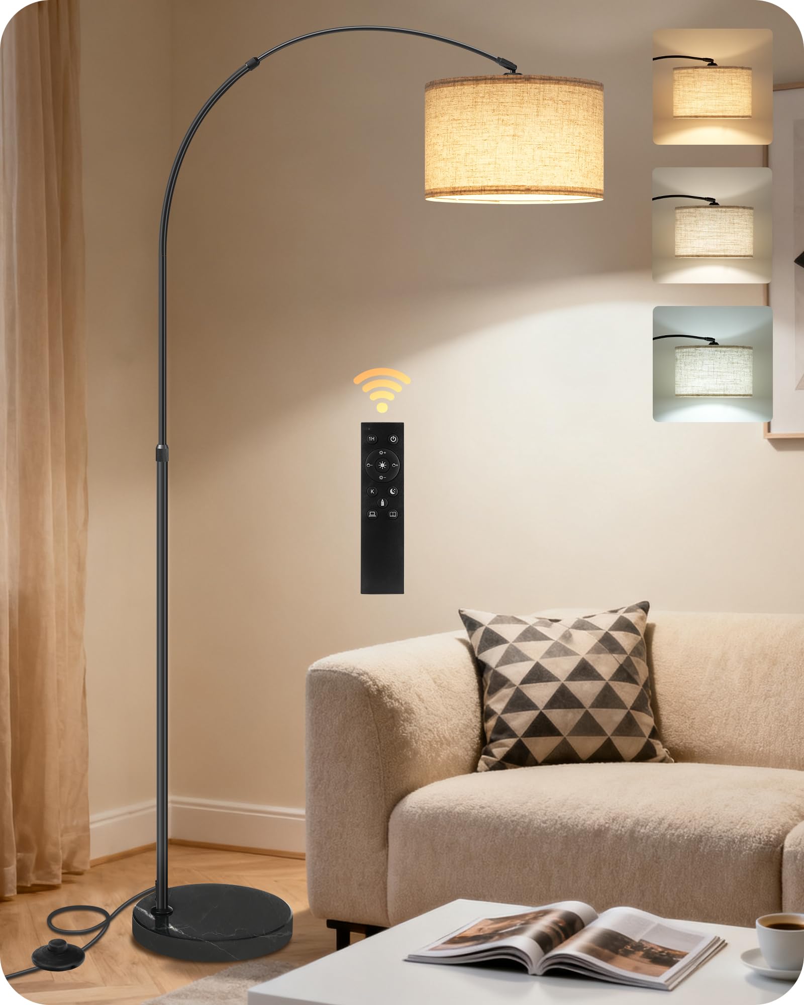 Photo 1 of 75" Arc Floor Lamp with Marble Base and Adjustable Height, Rotating Hanging Shade, Dimmable Floor Lamp for Living Room with Remote and Foot Switch, 3CCT, Over Couch Arched Reading Light E15LD05