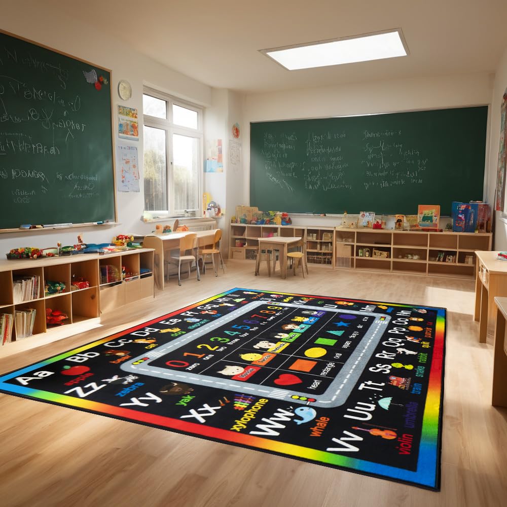 Photo 1 of AlaTyche Classroom Rugs for Preschool, Daycare Rug for Classroom,Large Classroom Rug Elementary,Learning Alphabet Educational Rugs for Kids Playroom, Nursery(13'x7'7'', Black)