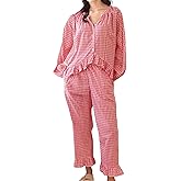 codcm Womens Gingham Pajama Set 2 Piece Long Sleeve Babydoll Shirt and Pants Matching Lounge Set Fall Outfits