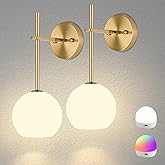 Gold Battery Operated Wall Sconces Set of 2, Rechargeable Wireless Wall Lights with Milky White Frosted Glass Shade, 12 RGB a