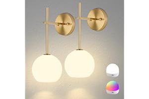 KEEP SHINNING Gold Battery Operated Wall Sconces Set of 2, Rechargeable Wireless Wall Lights with Milky White Frosted Glass Shade, 12 RGB and 3CCT Dimmable, Wall Lamps with Remote for Bedroom Living Room Hallway