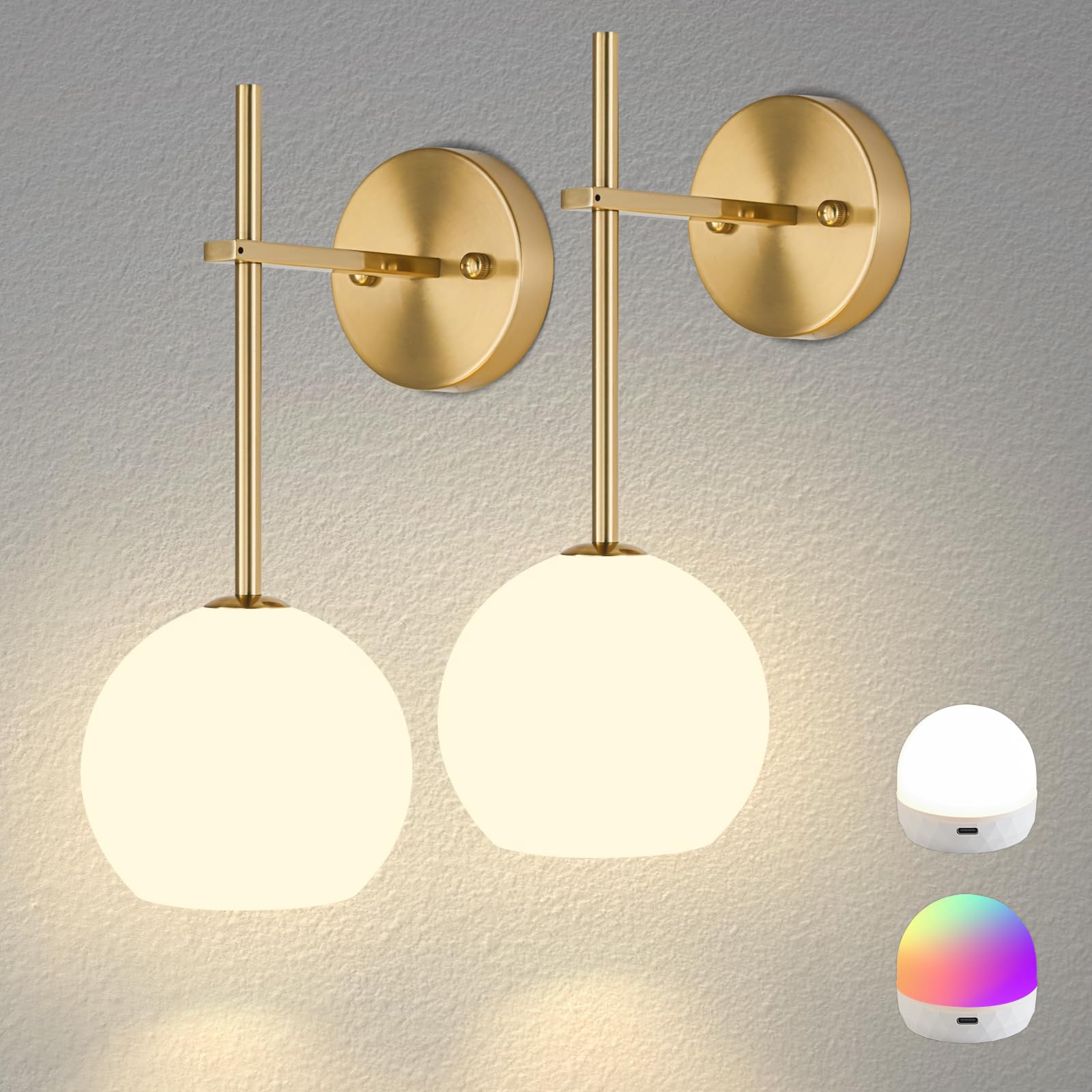 Photo 1 of Gold Battery Operated Wall Sconces Set of 2, Rechargeable Wireless Wall Lights with Milky White Frosted Glass Shade, 12 RGB and 3CCT Dimmable, Wall Lamps with Remote for Bedroom Living Room Hallway