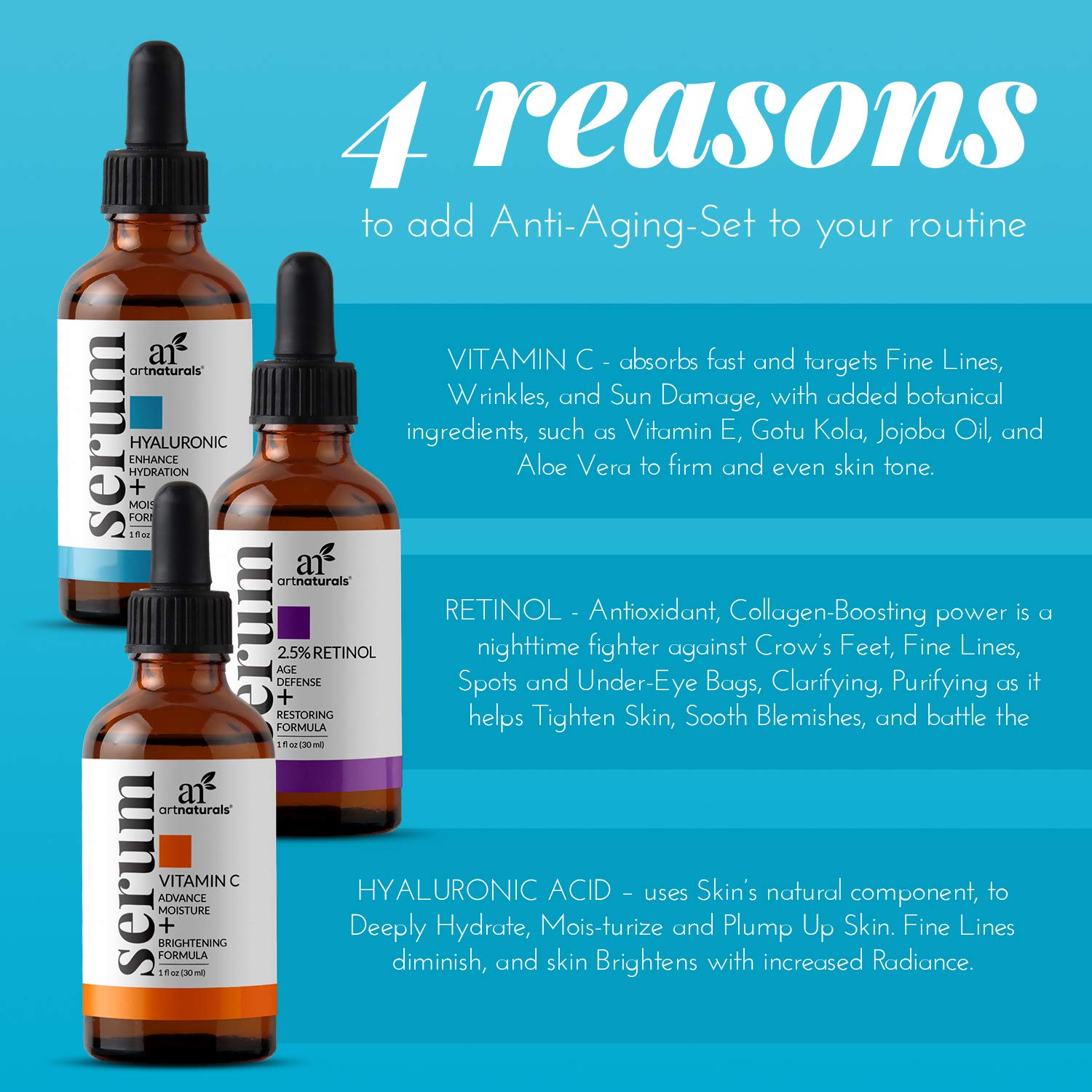 ArtNaturals Anti-Aging-Set with Vitamin-C Retinol and Hyaluronic-Acid - (3 x 1 Fl Oz / 30ml) Serum for Anti Wrinkle and Dark Circle Remover – All Natural and Moisturizing: Beauty