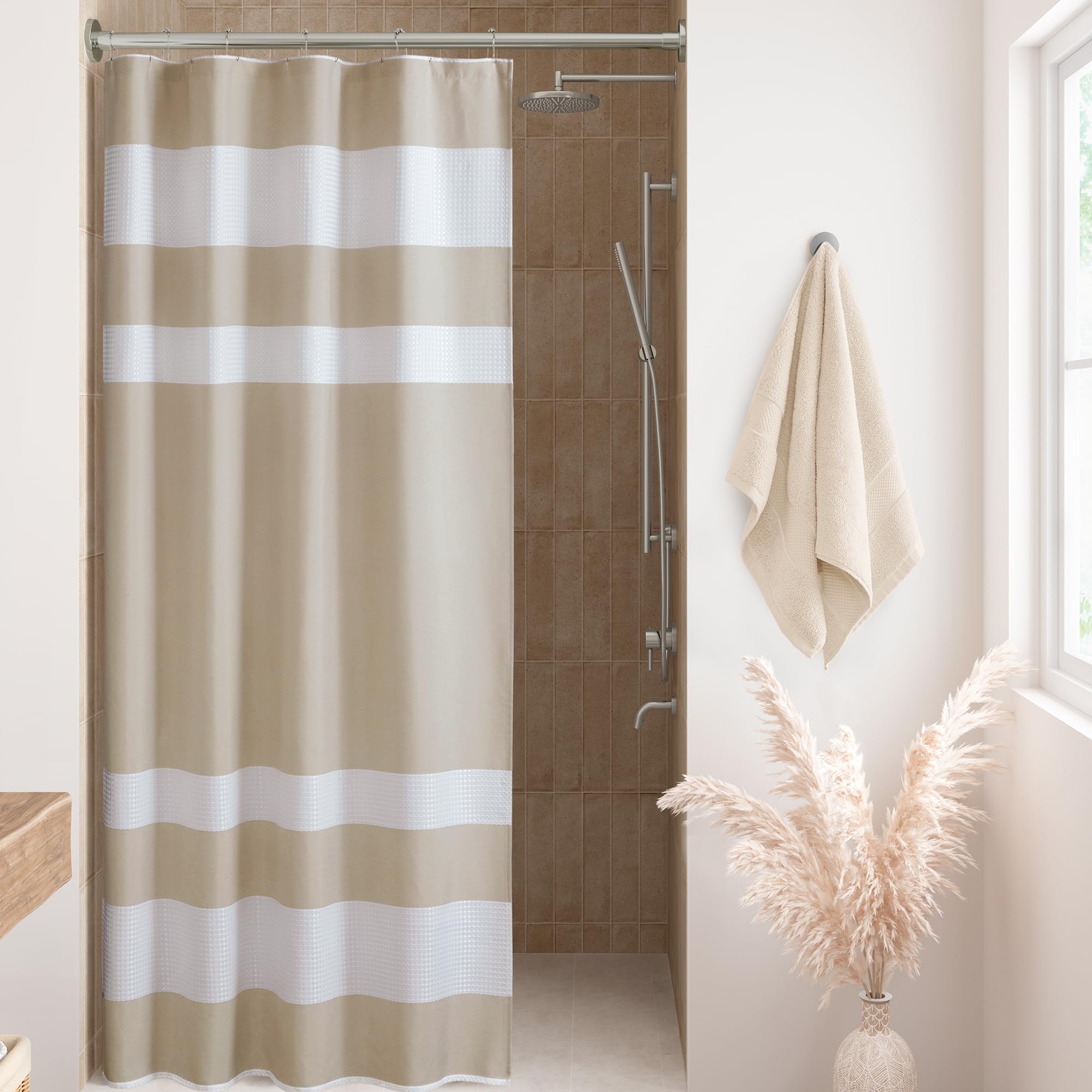Madison Park Spa Waffle Shower Curtain Pieced Fabric with 3M Scotchgard Moisture Management Modern Home Bathroom Decorations, Stall 54"x78", Taupe