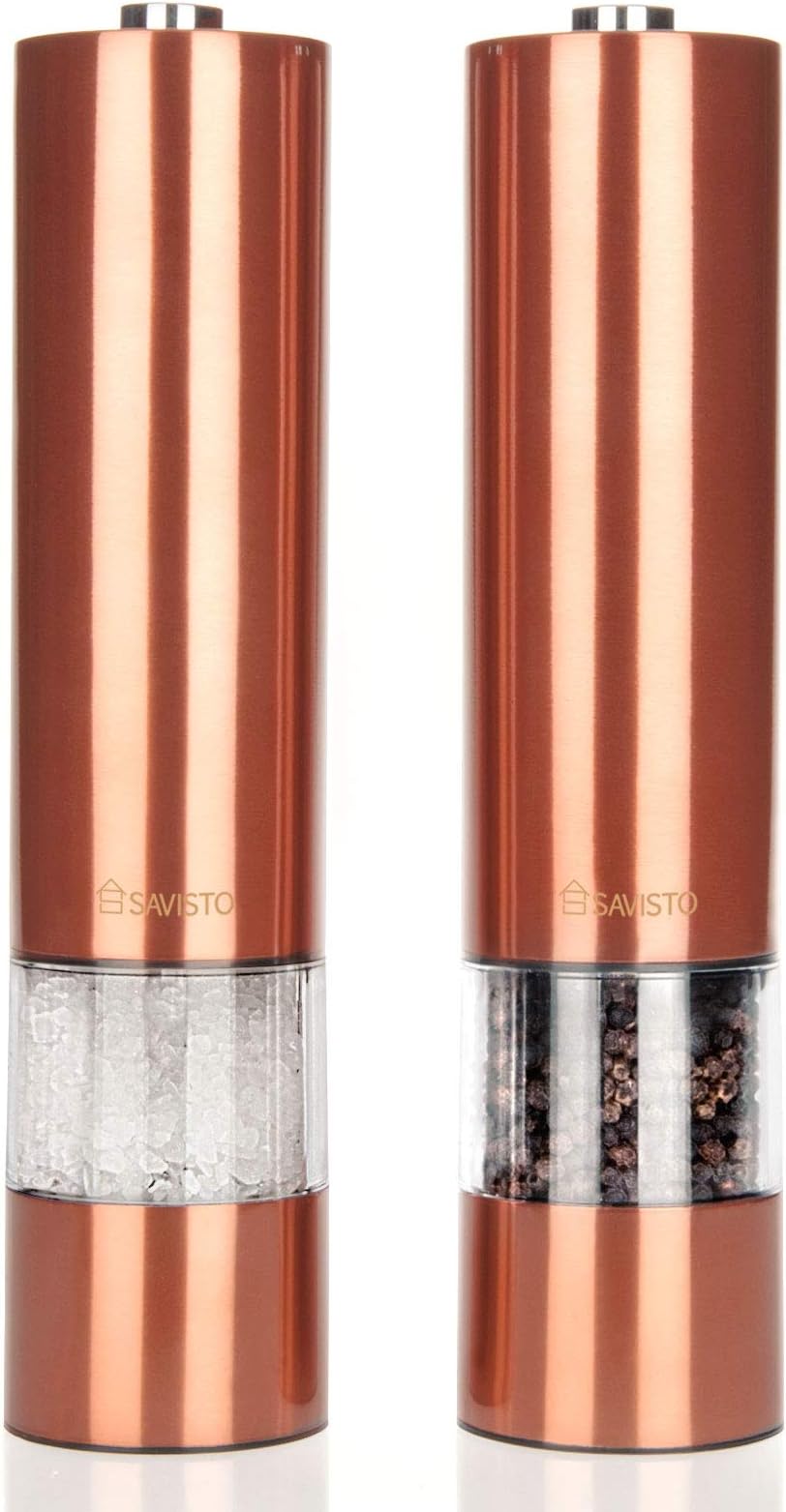 Savisto Illuminated Electronic Stainless Steel Salt & Pepper Mill Set with Adjustable Grinder โ Copper, 6 x 11.3 x 6 cm