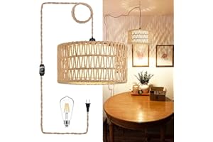QIYIZM Plug in Pendant Light Hanging Lights with Plug in Cord Hanging Lamp Rattan Boho Dimmable,Wicker Bamboo Woven Lamp Shade,Hemp Rope Plug in Ceiling Light Fixture for Living Room,Bedroom,Kitchen