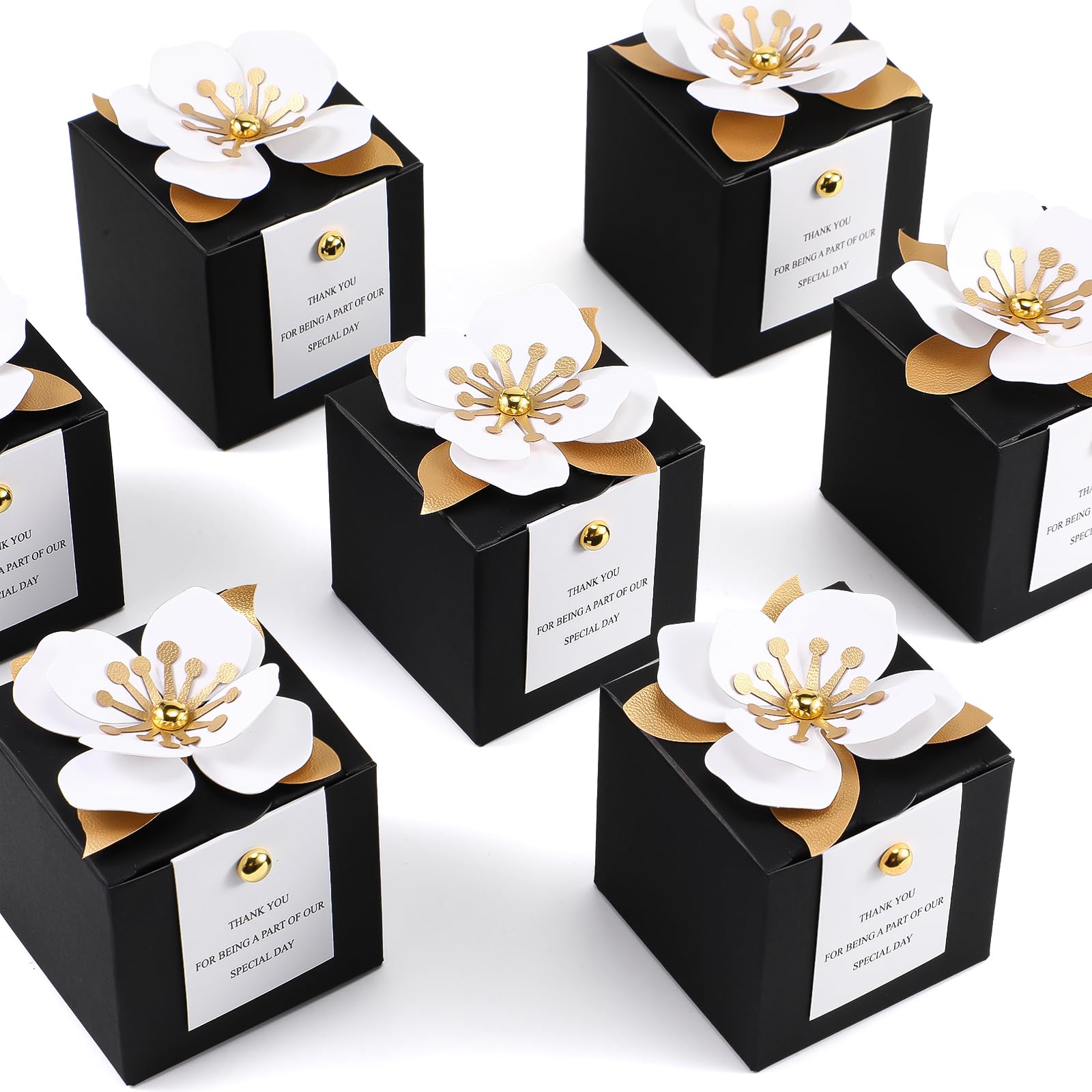 Photo 1 of Affrolling 50 Pcs Wedding Favor Boxes with Thanks Card Square Flower Candy Boxes Paper Bridal Gift Box for Guests Wedding Bridal Shower Birthday Party Anniversary(Black)