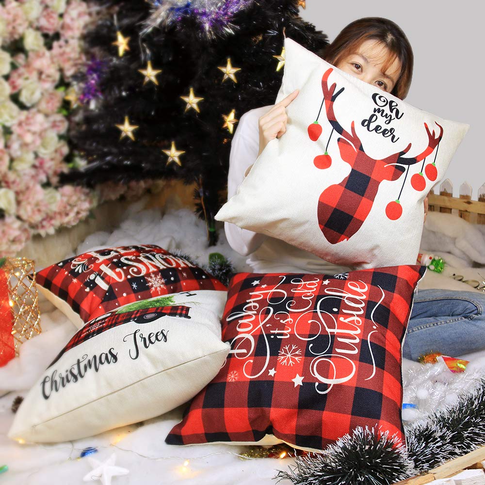 YEVIOR Klassisch Buffalo Plaid Kissenbezuge Weihnachten Dekorative Dekokissen Kissenhülle 4er Set, Christmas Motiv Schneeflocke Rentier Muster 45x45cm,Zierkissenbezüge für Sofa Zuhause Dekor,Leinen