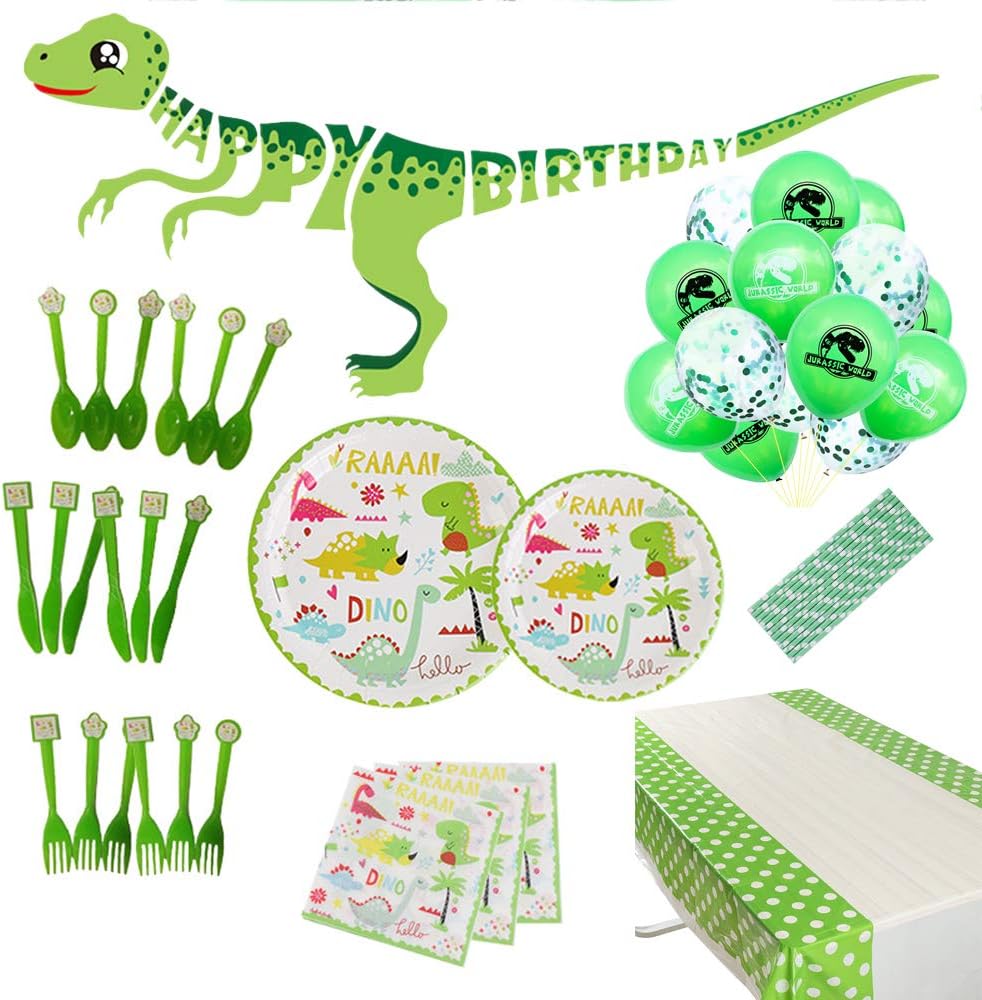 Faylapa 101 Pcs Dinosaur Birthday Party Supplies Serves 12 Guests - Dino Themed Party Tableware Decorations,Forks Spoons Plates Napkins Tablecloth Balloons Happy Birthday Banner
