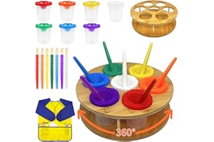 XDONEF Paint Cups with Lids for Kids, 7pcs Spill Proof Painting Cups with Rotating Holder Toddler Paints Brushes No Spill Paint Cups with Kids Art Smock Paint Containers Art Supplies for Classrooms