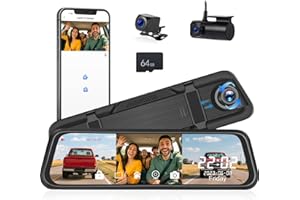 3 Channel 9.66'' WiFi Mirror Dash Cam with Front and Rear Camera IPS Touch Screen, Triple Rear View Mirror Camera with App Re
