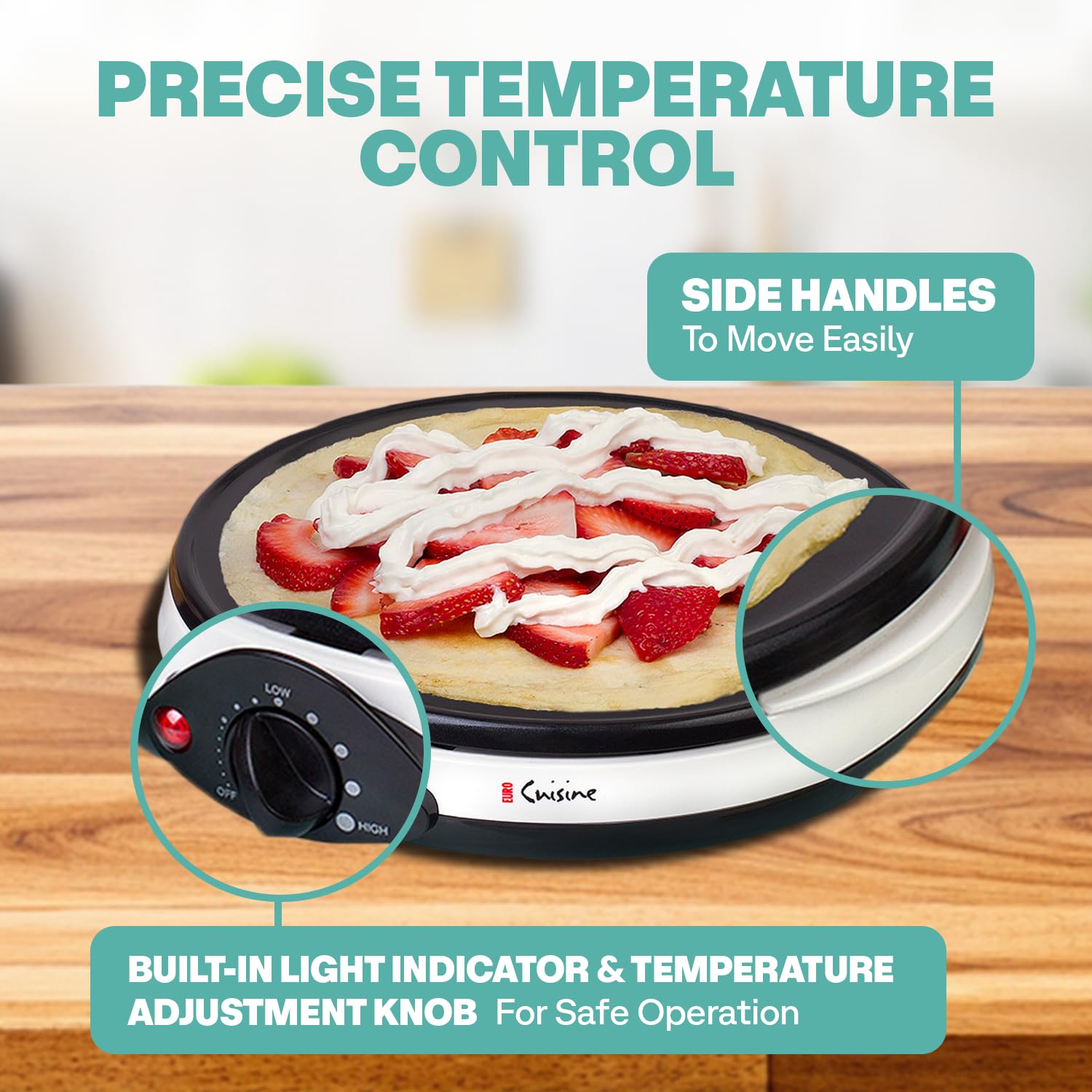 Euro Cuisine CM20 Electric Crepe Maker, 12 Inch Ceramic Non-stick Pan (PTFE PFOA Free), Adjustable Temperature Setting, Also Makes Roti, Dosa, Pancakes, Includes Batter Spreader, Turner and Ladle