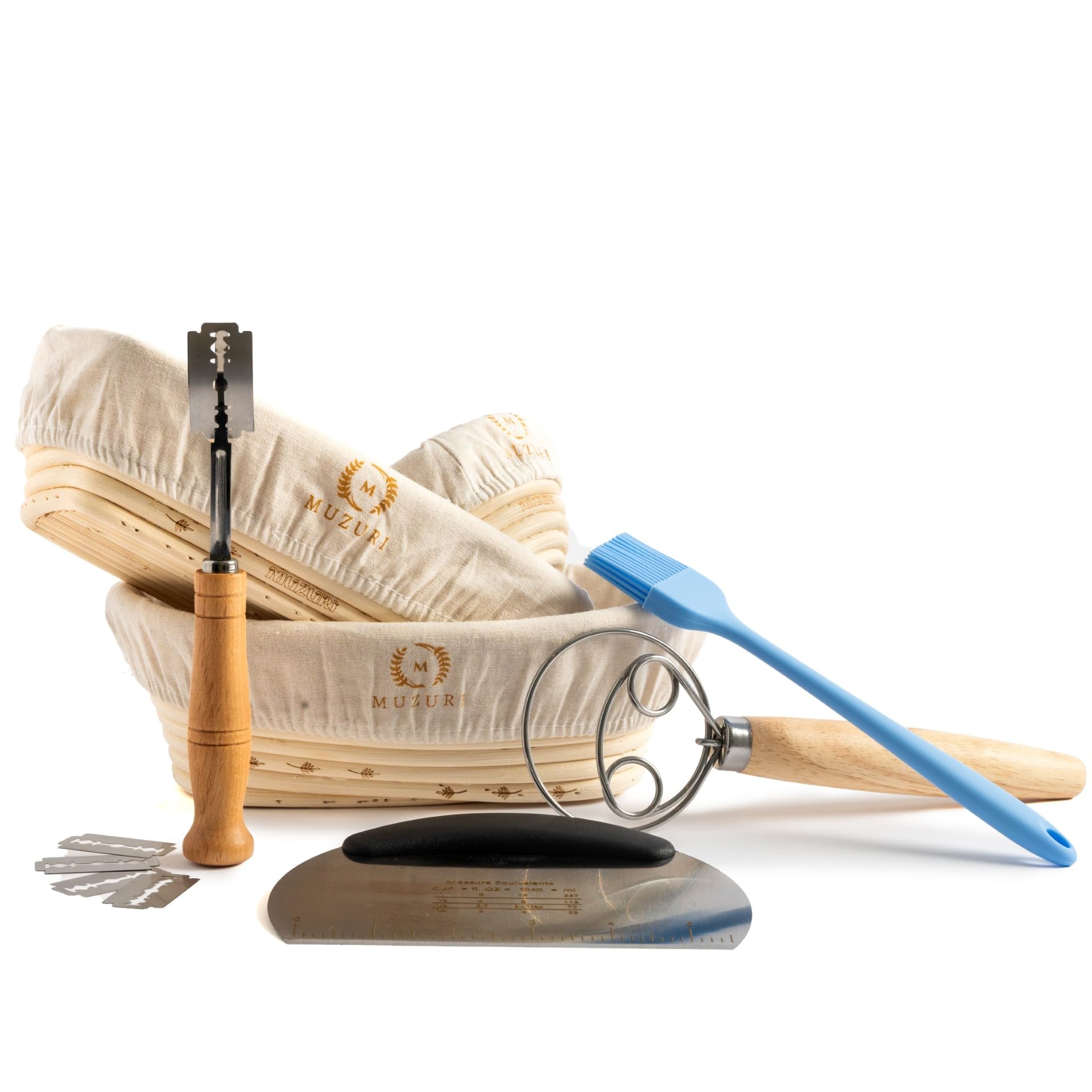 Photo 1 of **MISSING SMALL BASKET**MUZURI Sourdough Banneton Basket Set Of 3, 9 Inch Oval, 9 Inch Rectangle & 4 Inch Mini Round Banneton Bread Proofing Kit With Linen Liner, Dough Mat, Dough Scraper, Danish Whisk, Lame, Basting Brush