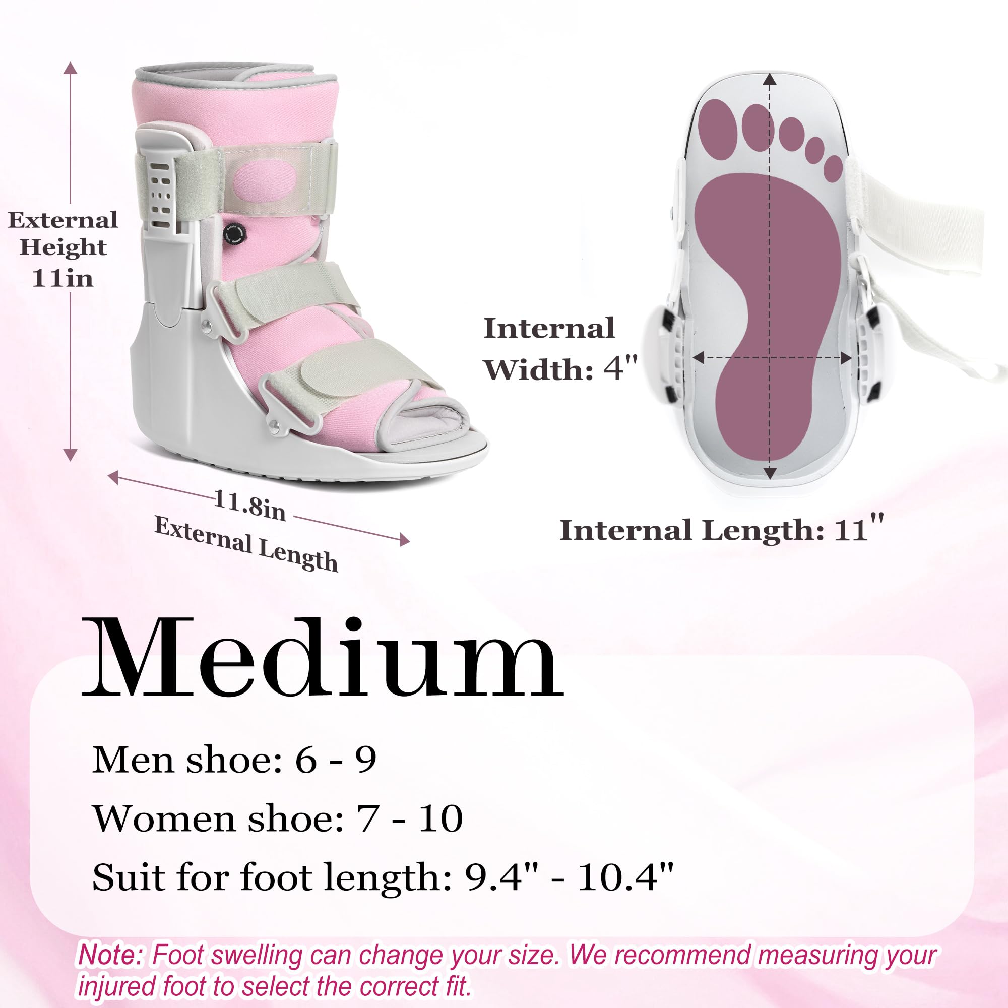 Walking Boot for Broken Foot, Air Cam Walker Boot for Foot Injury Adjustable Fracture Support for Sprained Ankle, Grey Shell with Light Pink Lining for Women Medium