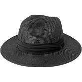 AQOKKA Summer Straw Fedora Hat for Women Men Travel Panama Hat with Wide Brim Roll Up Sun Hat for Beach Outdoor UPF 50+