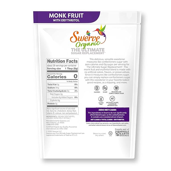 SWERVE ORGANIC MONK FRUIT BLEND CONFECTIONERS SUGAR REPLACEMENT SWEETENER, 8 OUNCE (PACK OF 1)